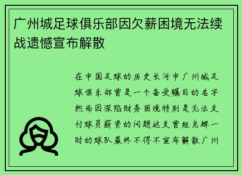 广州城足球俱乐部因欠薪困境无法续战遗憾宣布解散