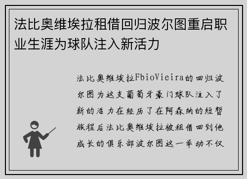 法比奥维埃拉租借回归波尔图重启职业生涯为球队注入新活力